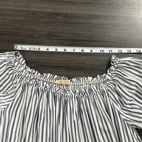 Mia Moda Womens Blue and White Striped Baby Doll Mini Summer Dress Elastic Neck - Picture 8 of 9